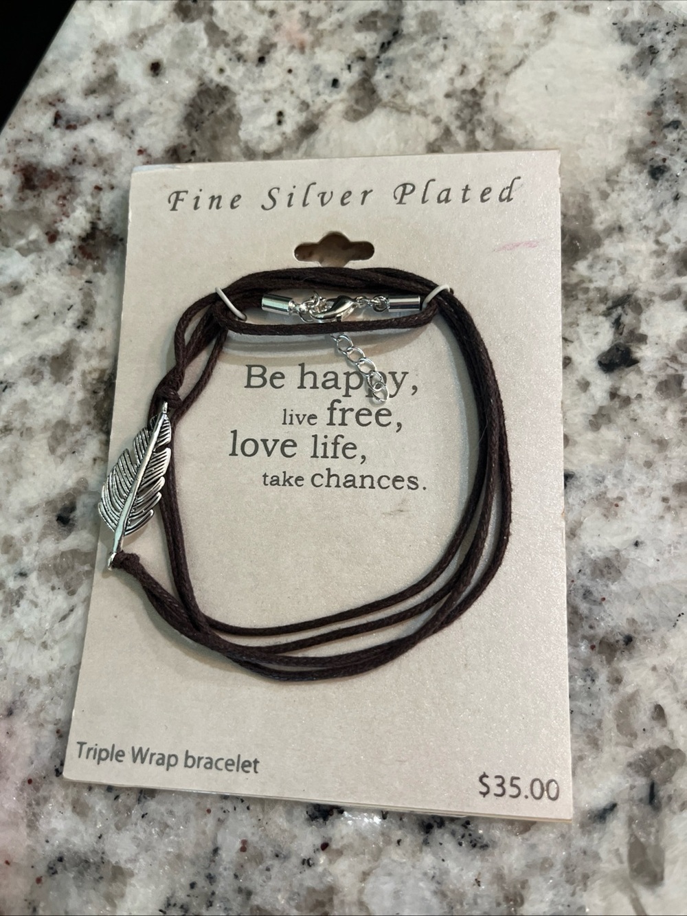 Be Happy, Live Free…Triple Wrap Fine Silver Plated Bracelet Feather New